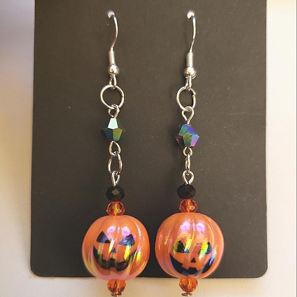 Handmade Orange Black Beaded Halloween Pumpkin Dangle Earrings